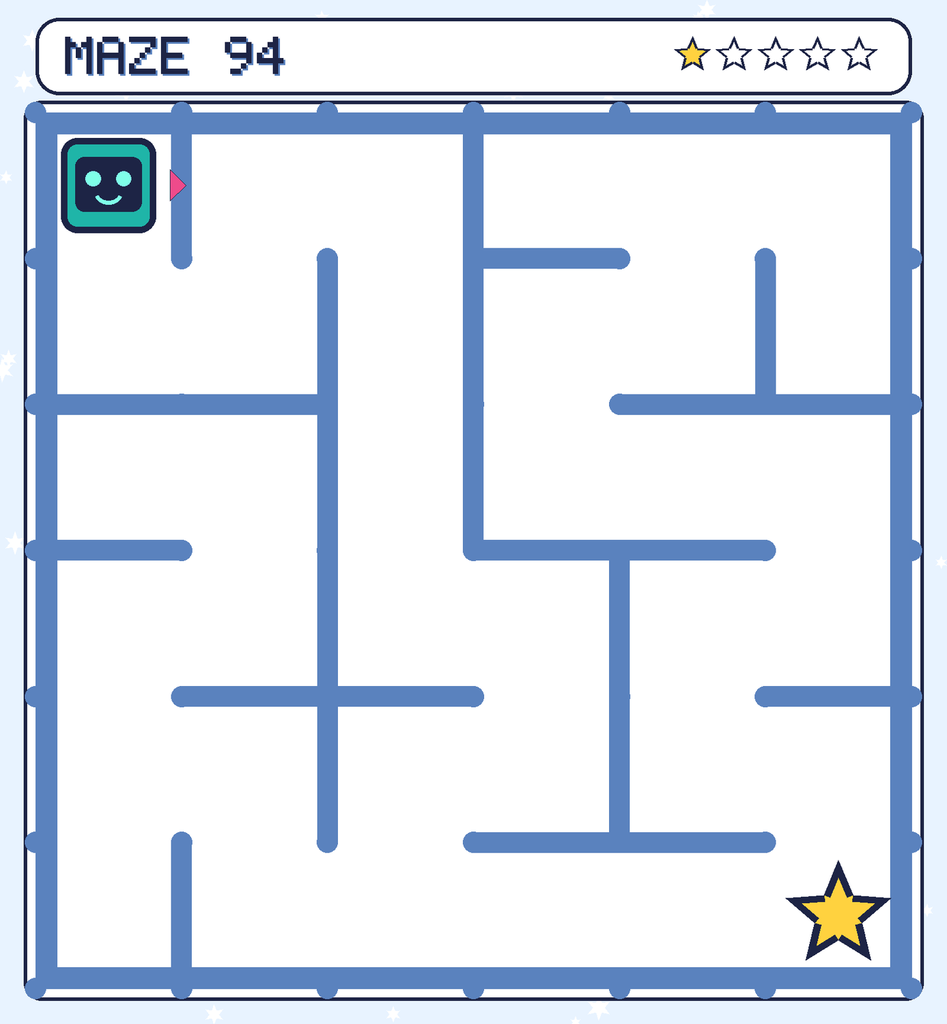 Maze 94. Beep starts in the top-left corner. The gold star is in the bottom-right corner.