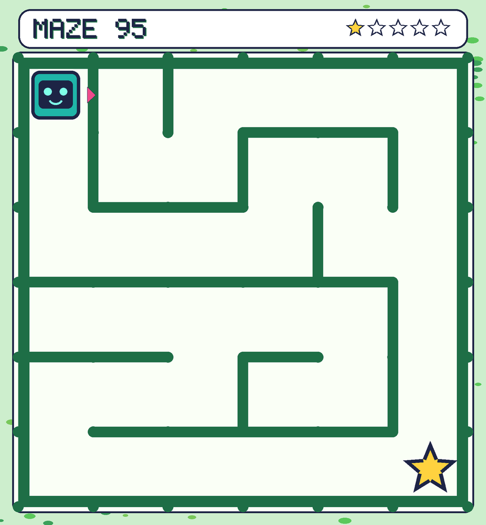 Maze 95. Beep starts in the top-left corner. The gold star is in the bottom-right corner.
