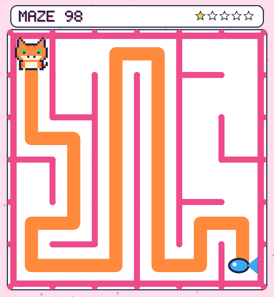 The solved maze 98 with the route drawn as an orange line.