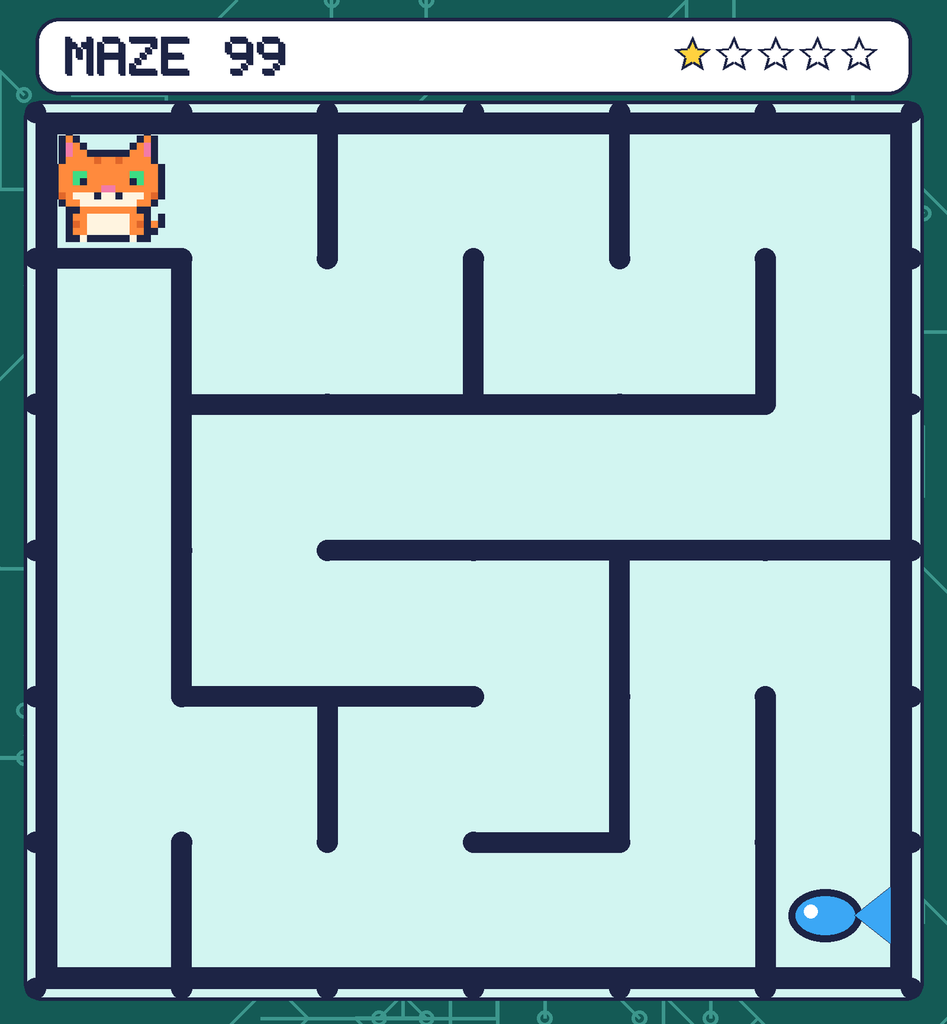 Maze 99. Pixel starts in the top-left corner. The fish is in the bottom-right corner.