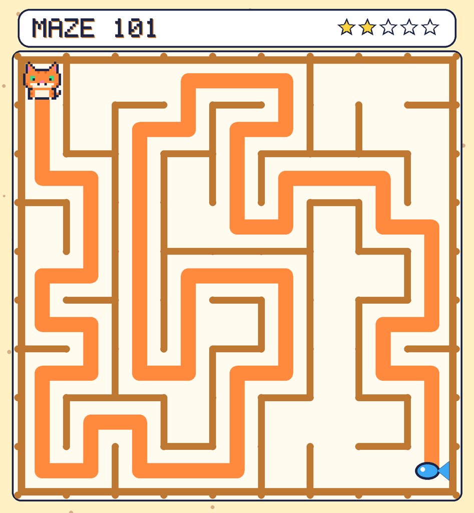 The solved maze 101 with the route drawn as an orange line.