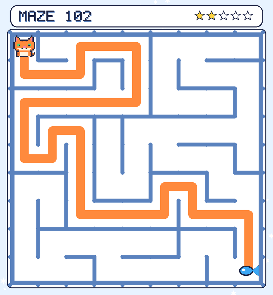 The solved maze 102 with the route drawn as an orange line.