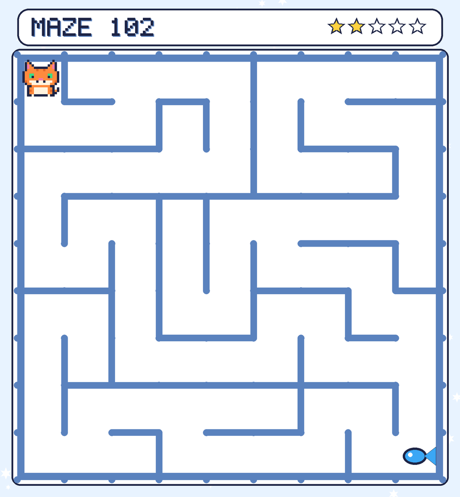 Maze 102. Pixel starts in the top-left corner. The fish is in the bottom-right corner.