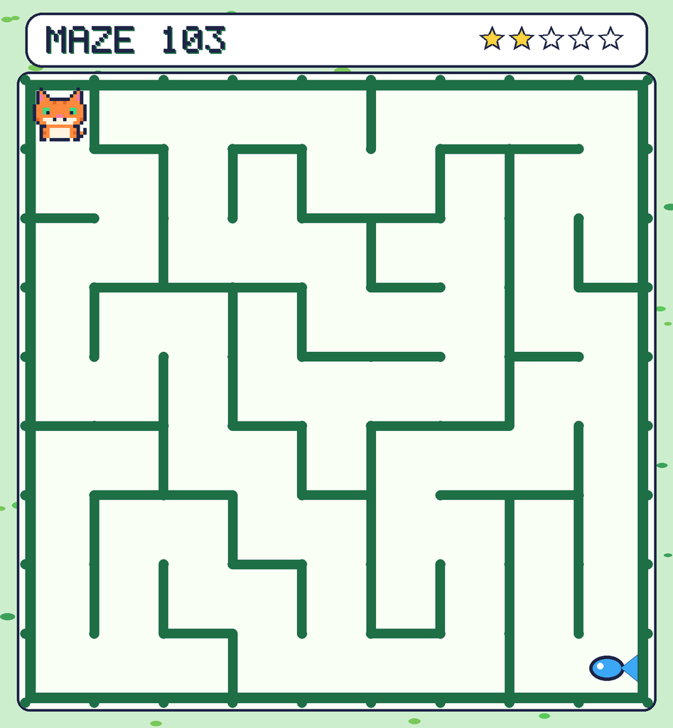 Maze 103. Pixel starts in the top-left corner. The fish is in the bottom-right corner.