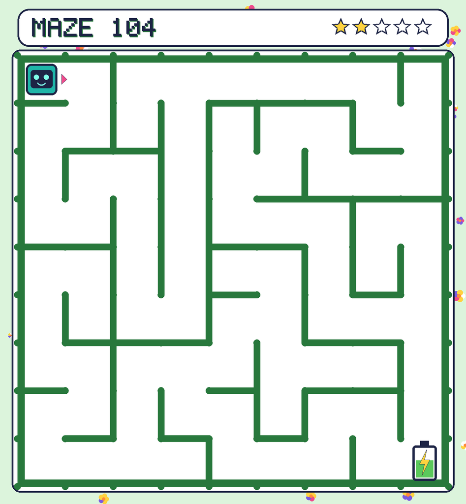 Maze 104. Beep starts in the top-left corner. The battery is in the bottom-right corner.