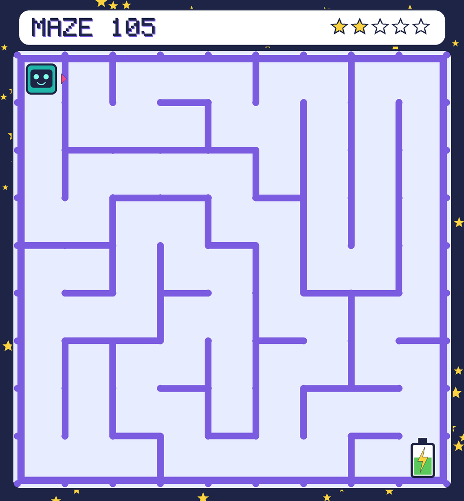 Maze 105. Beep starts in the top-left corner. The battery is in the bottom-right corner.