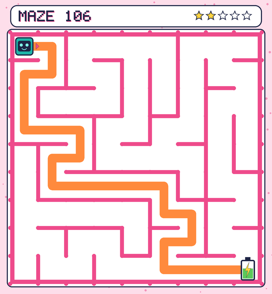 The solved maze 106 with the route drawn as an orange line.