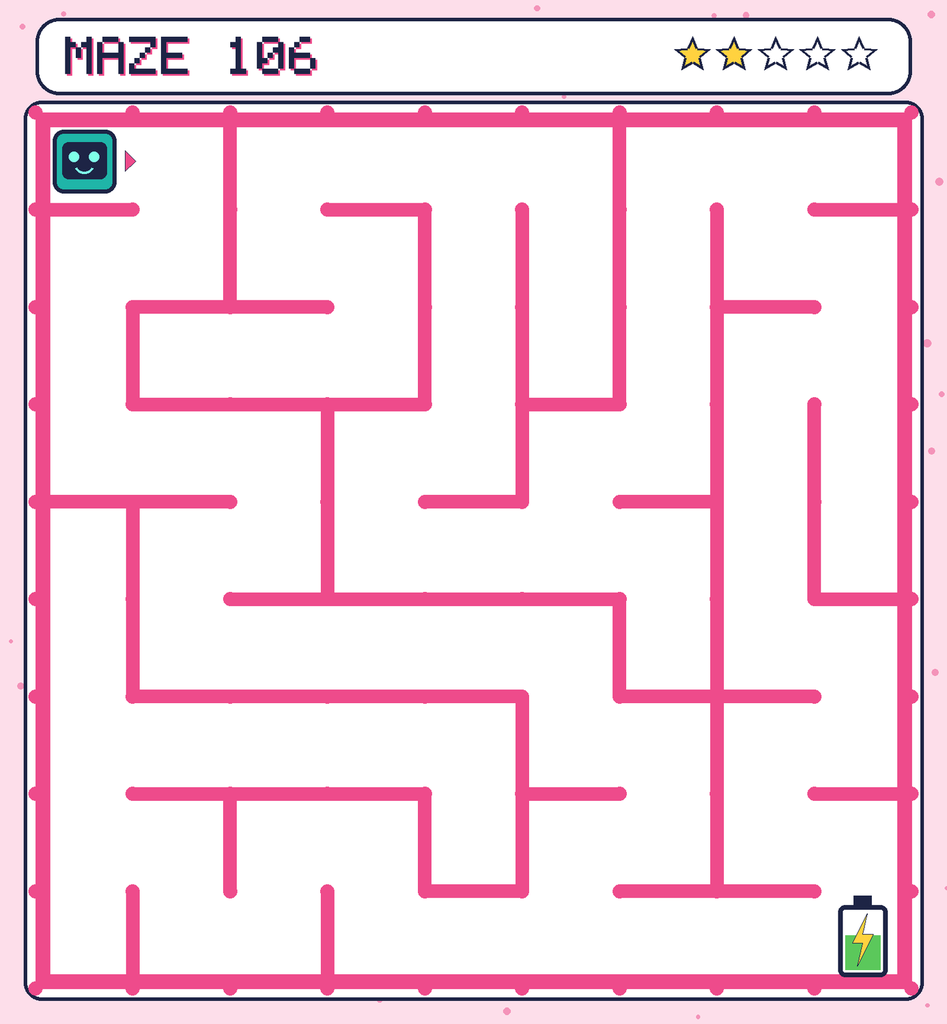 Maze 106. Beep starts in the top-left corner. The battery is in the bottom-right corner.