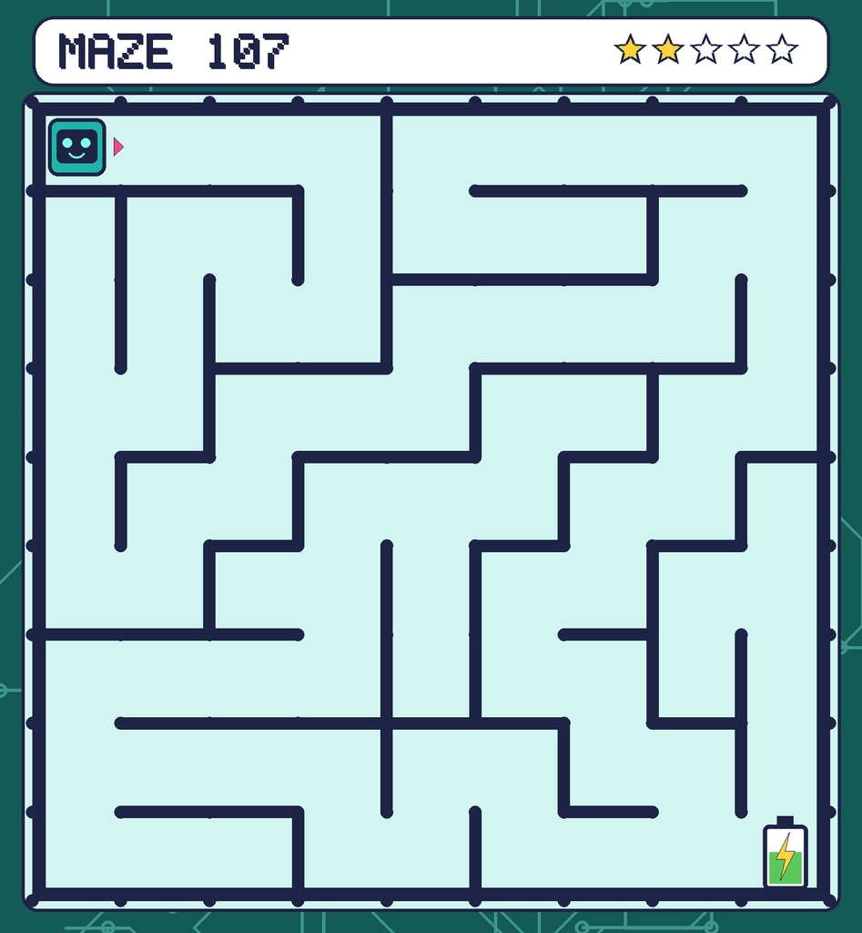 Maze 107. Beep starts in the top-left corner. The battery is in the bottom-right corner.