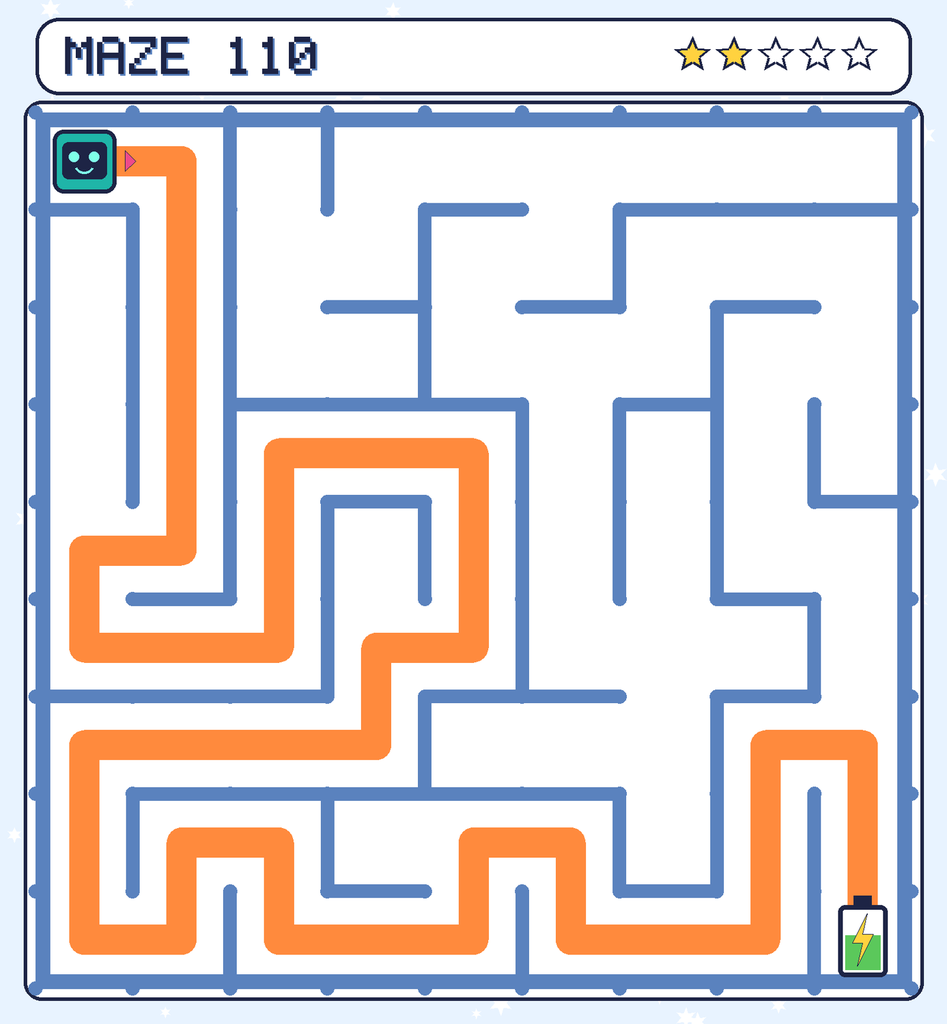 The solved maze 110 with the route drawn as an orange line.