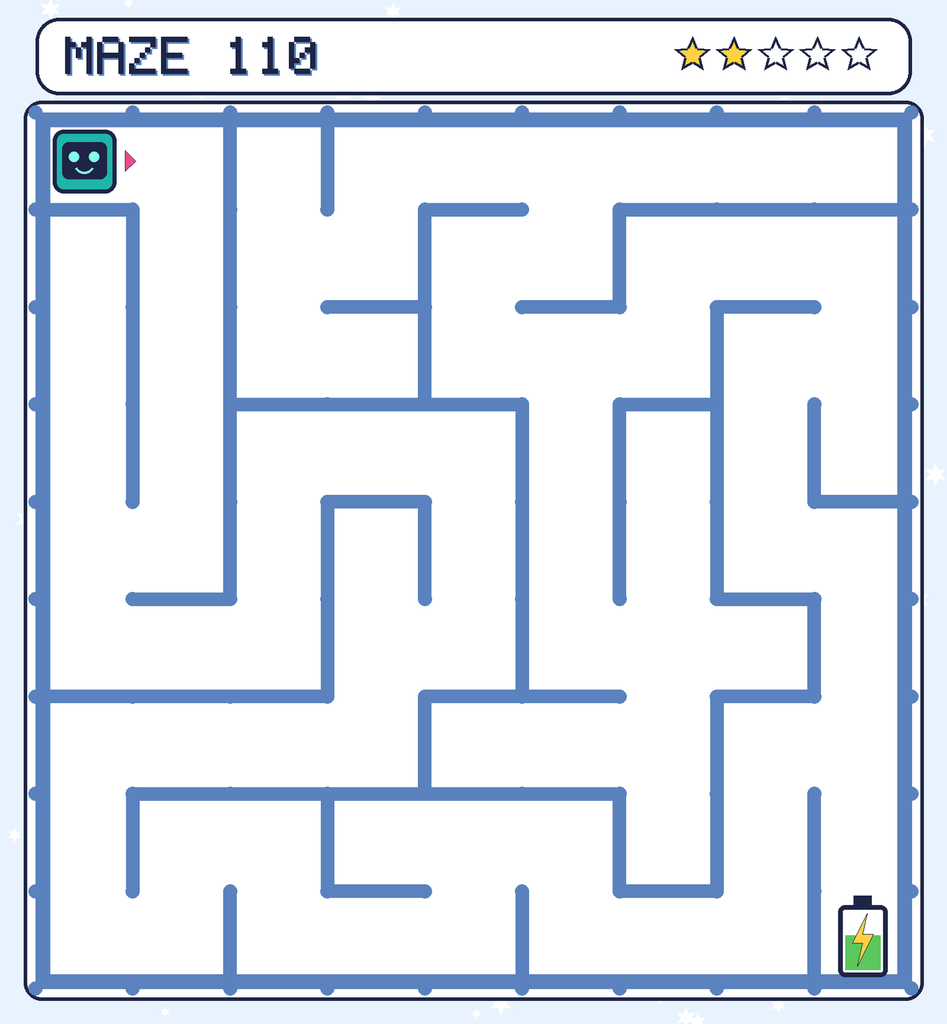 Maze 110. Beep starts in the top-left corner. The battery is in the bottom-right corner.