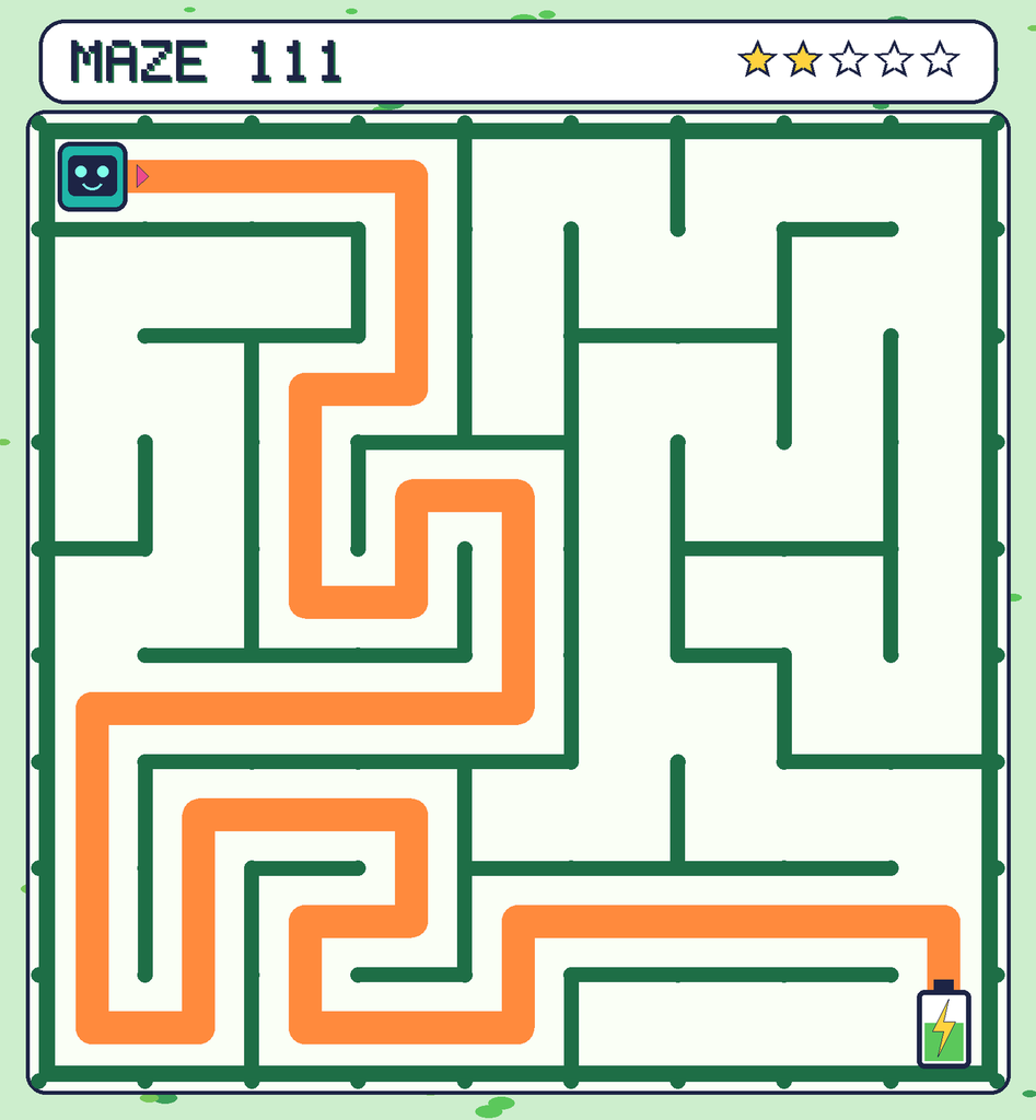 The solved maze 111 with the route drawn as an orange line.