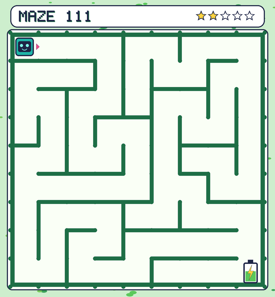 Maze 111. Beep starts in the top-left corner. The battery is in the bottom-right corner.