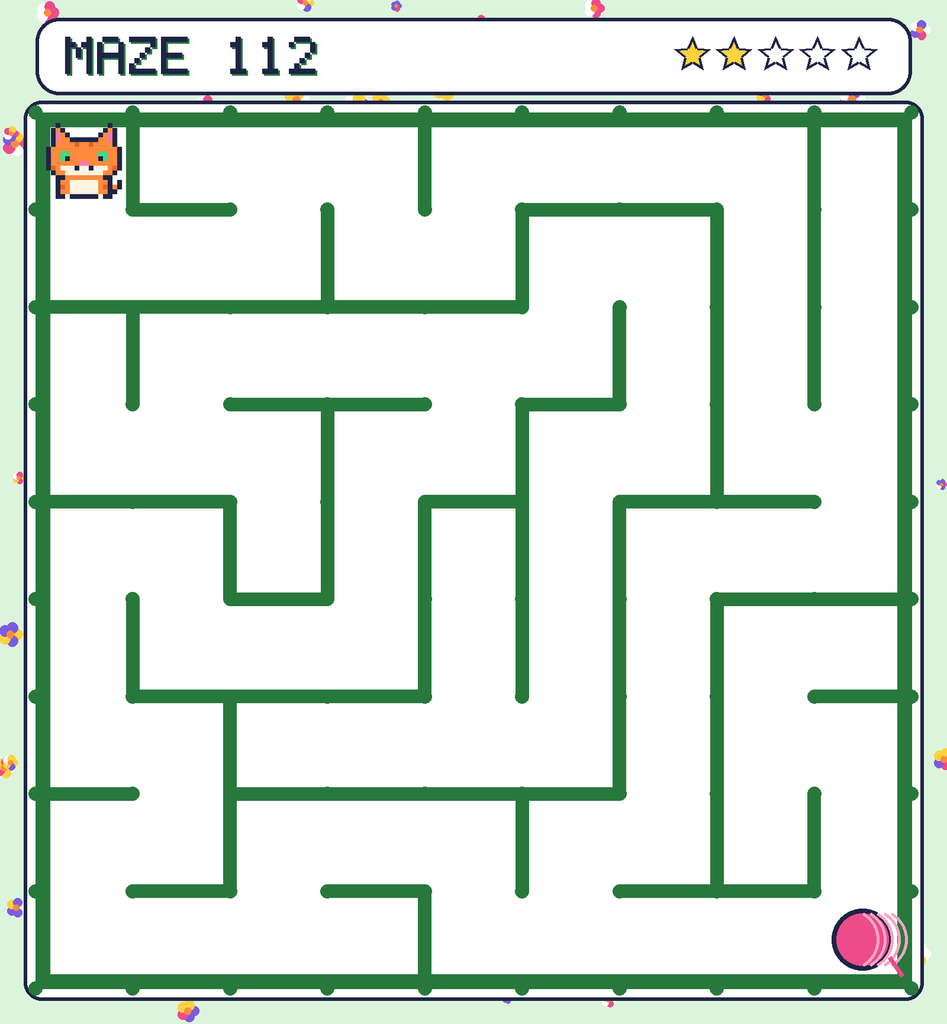 Maze 112. Pixel starts in the top-left corner. The ball of yarn is in the bottom-right corner.