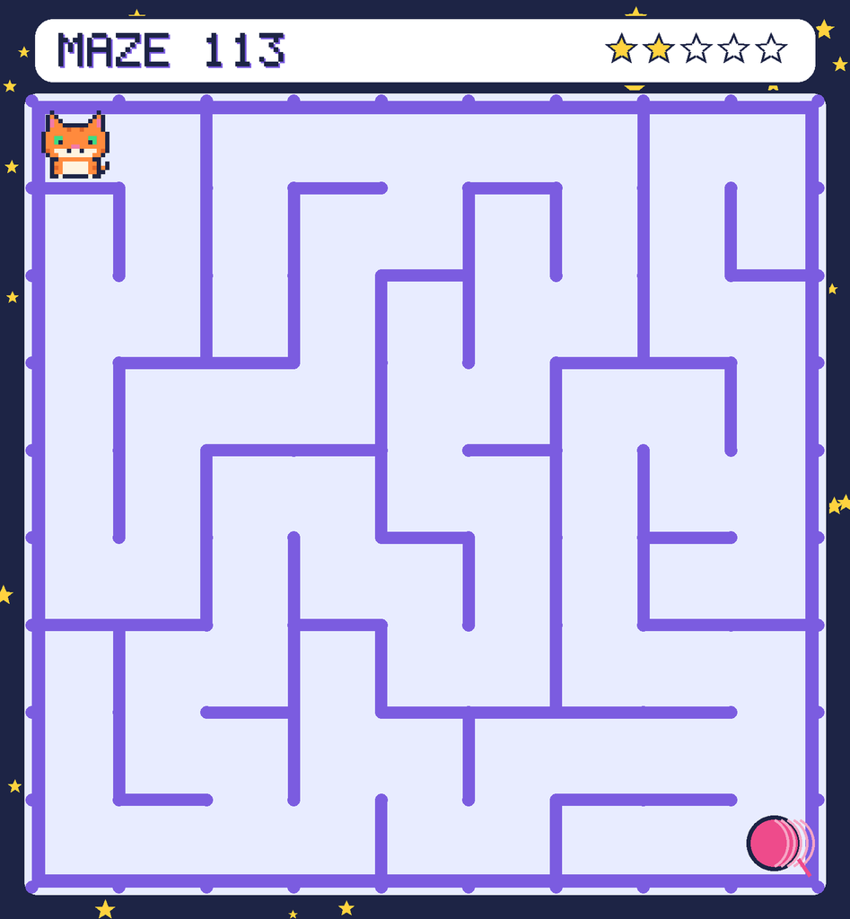 Maze 113. Pixel starts in the top-left corner. The ball of yarn is in the bottom-right corner.