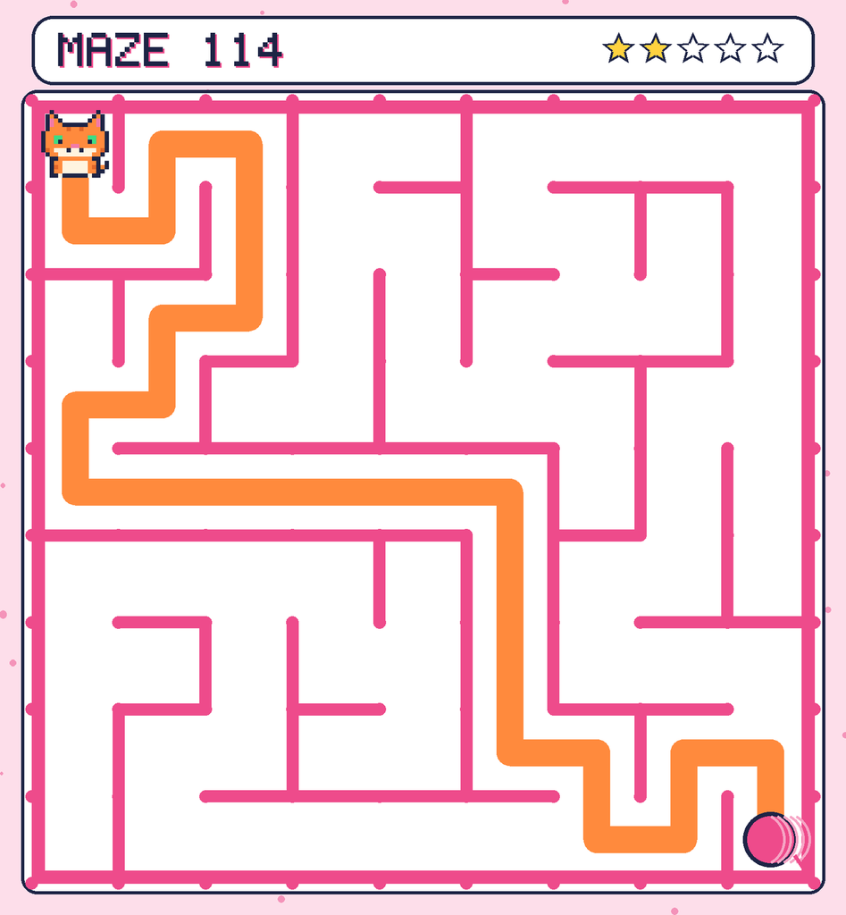 The solved maze 114 with the route drawn as an orange line.