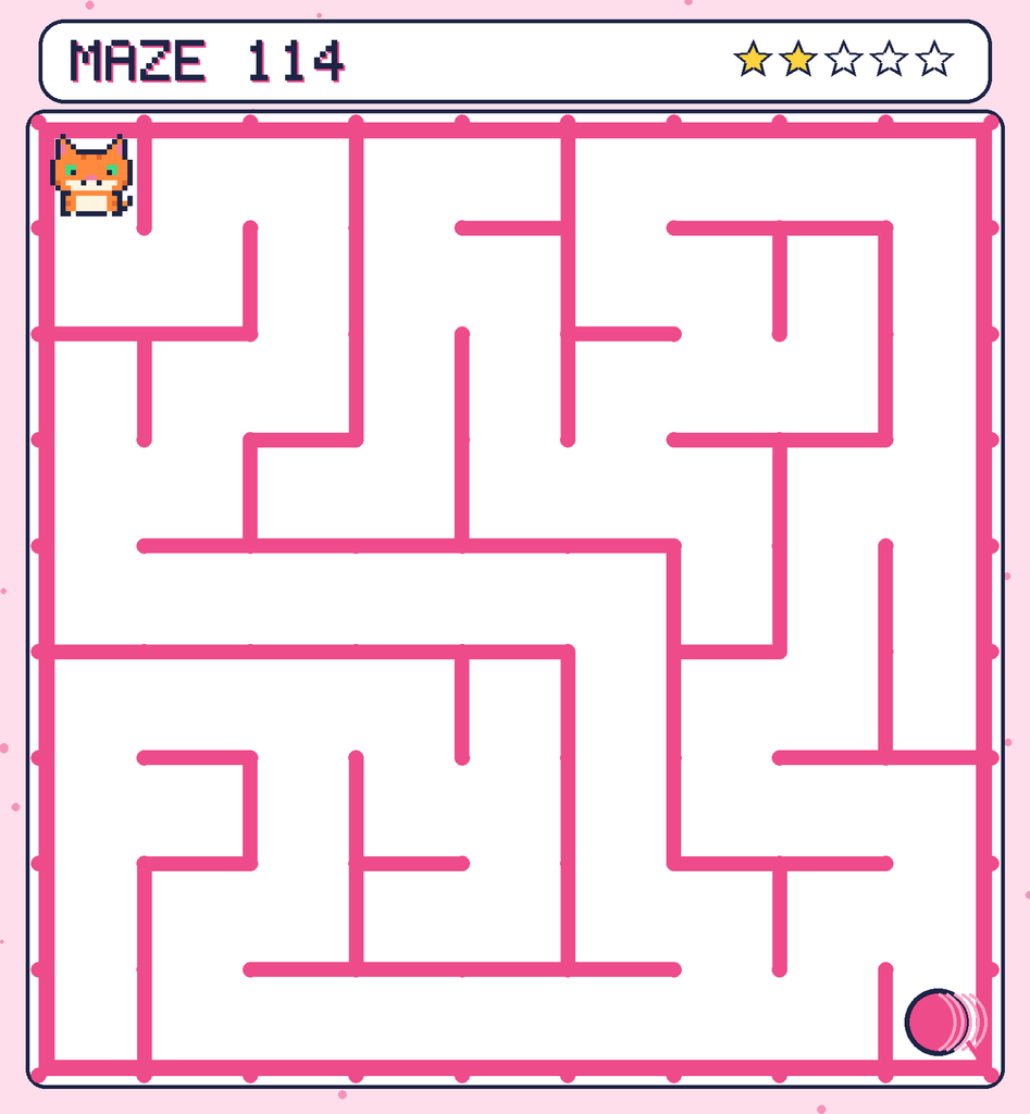 Maze 114. Pixel starts in the top-left corner. The ball of yarn is in the bottom-right corner.