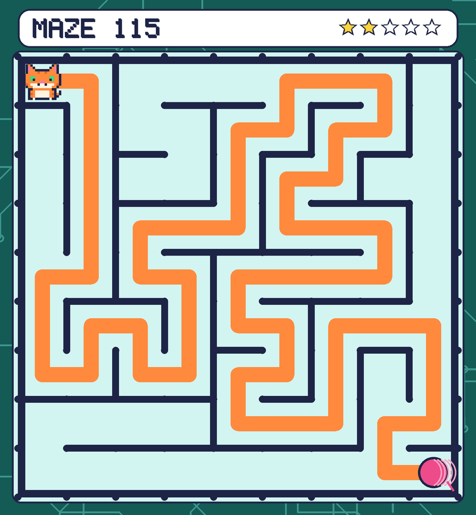 The solved maze 115 with the route drawn as an orange line.