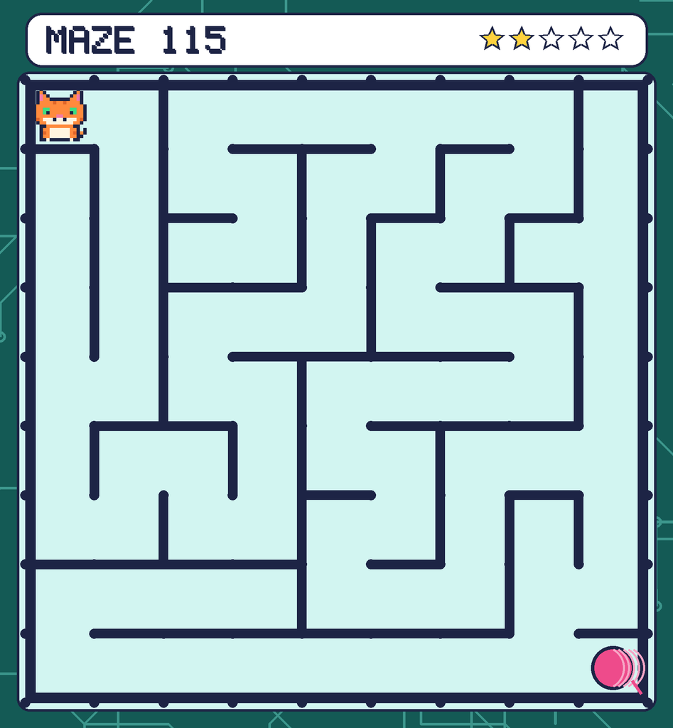 Maze 115. Pixel starts in the top-left corner. The ball of yarn is in the bottom-right corner.