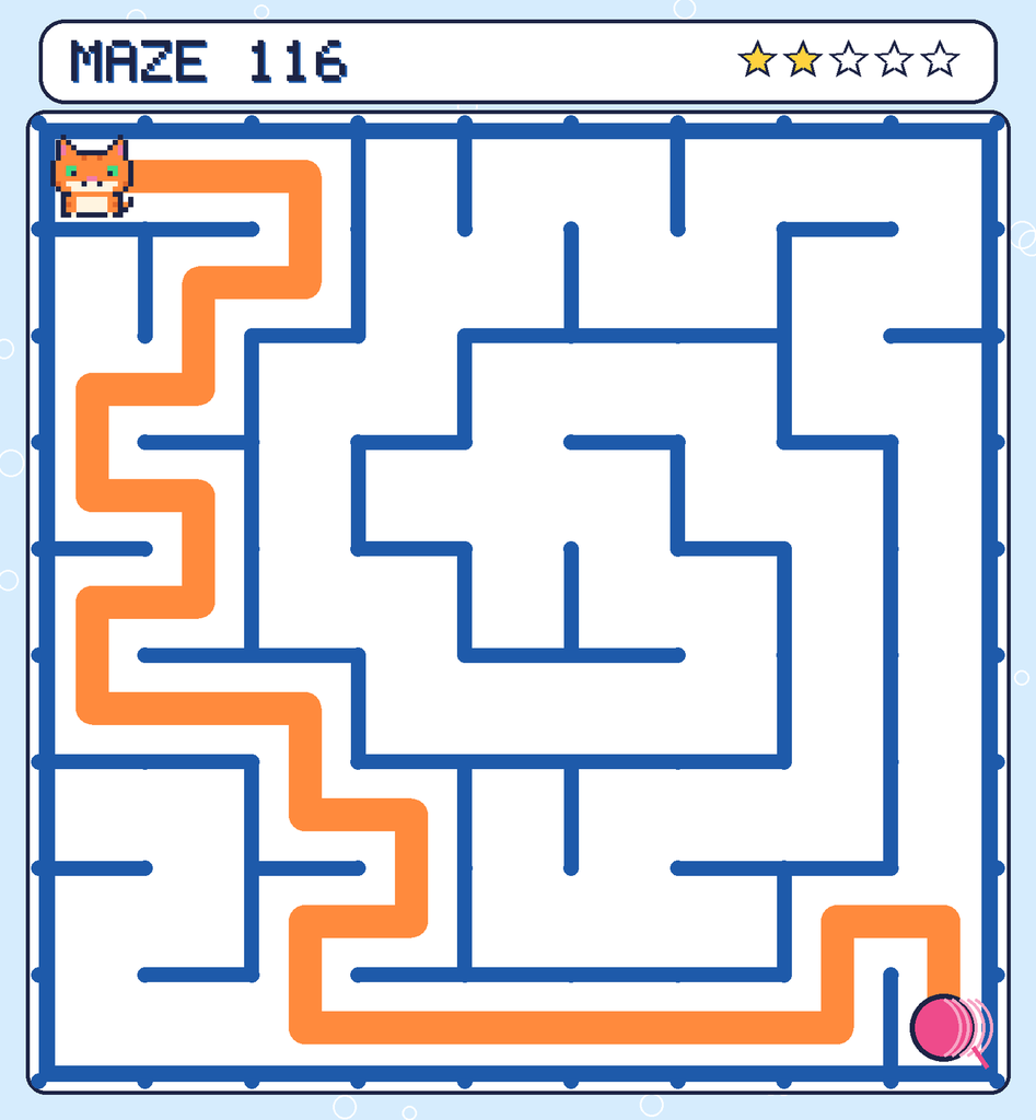 The solved maze 116 with the route drawn as an orange line.