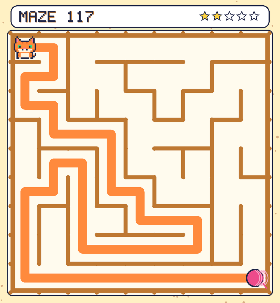 The solved maze 117 with the route drawn as an orange line.