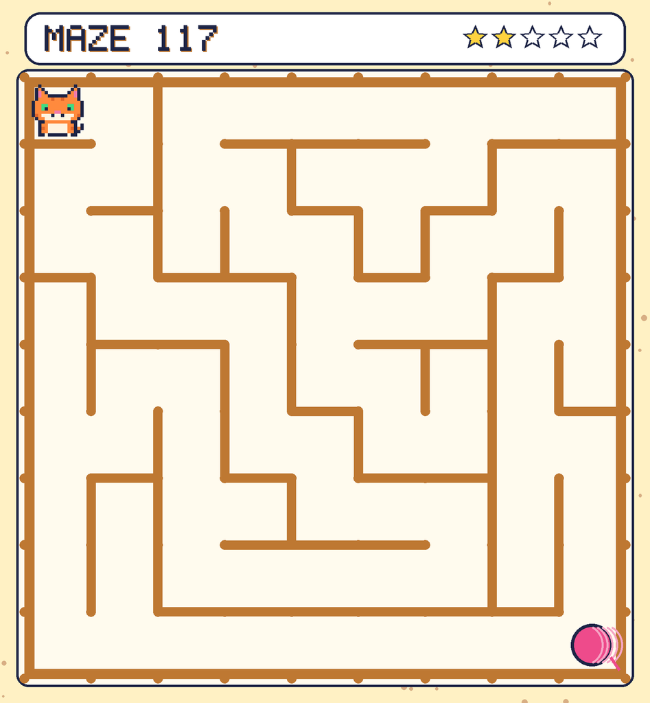 Maze 117. Pixel starts in the top-left corner. The ball of yarn is in the bottom-right corner.