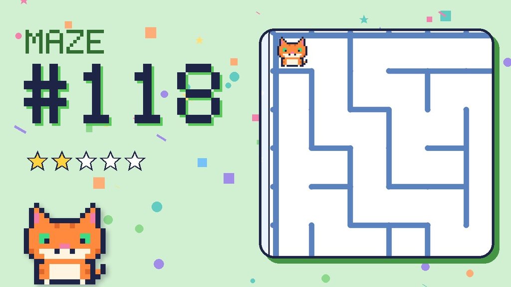 Maze 118 card: a corner of the snowy mountain maze with Pixel