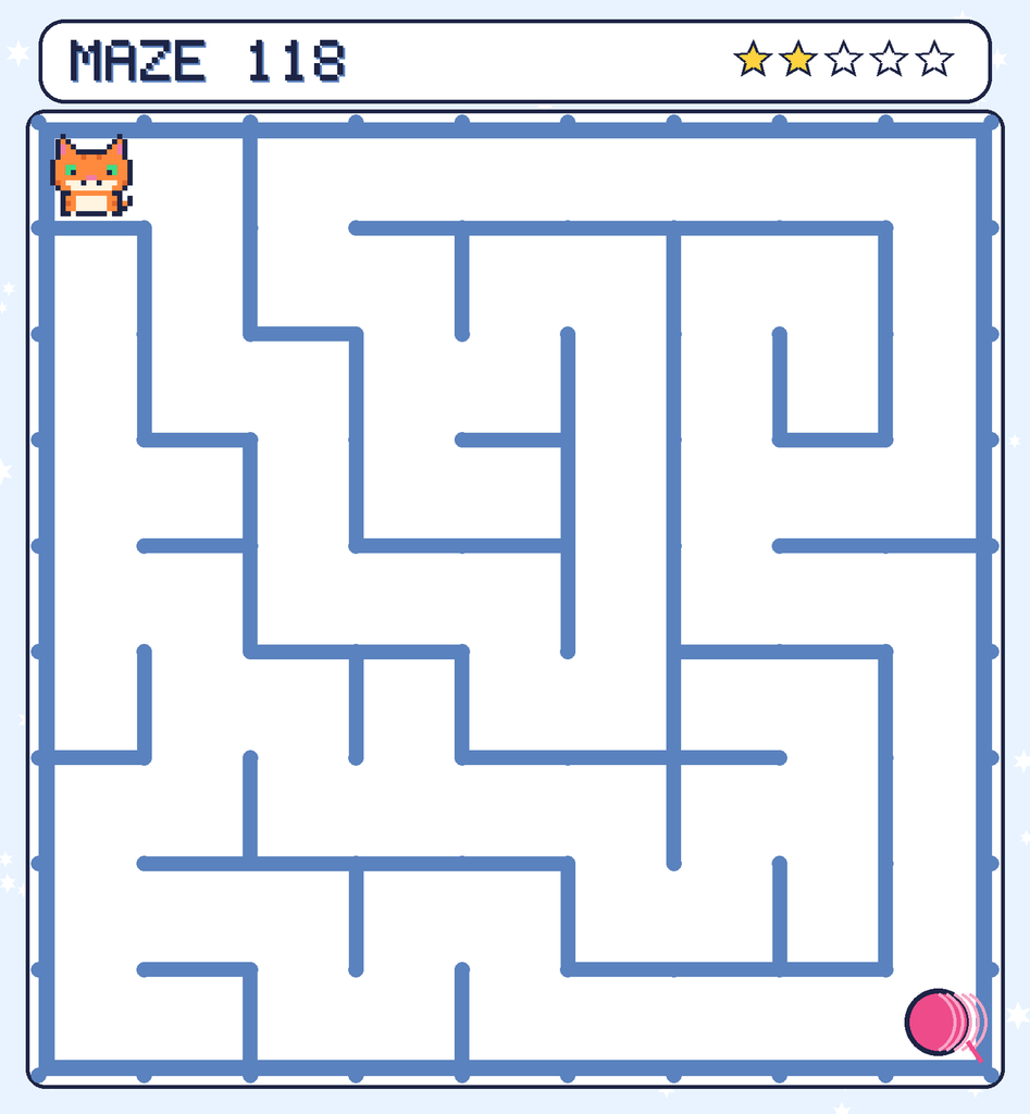 Maze 118. Pixel starts in the top-left corner. The ball of yarn is in the bottom-right corner.