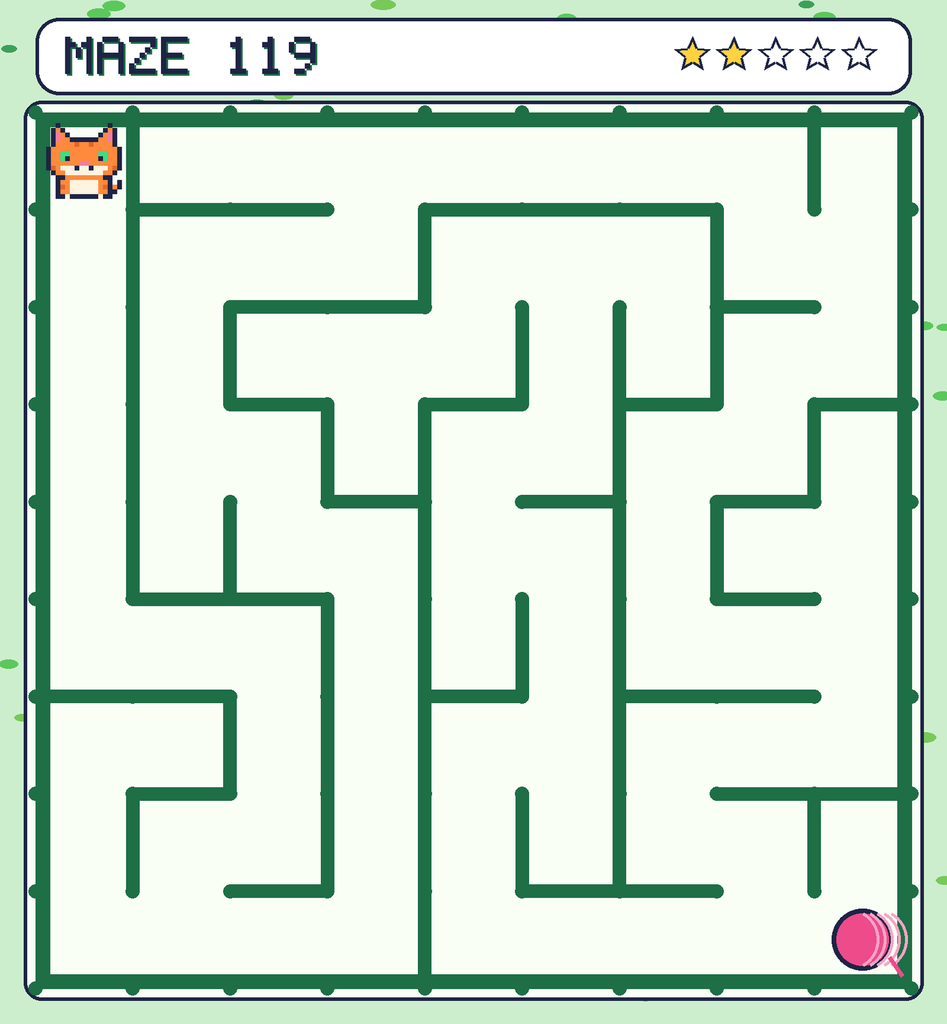 Maze 119. Pixel starts in the top-left corner. The ball of yarn is in the bottom-right corner.
