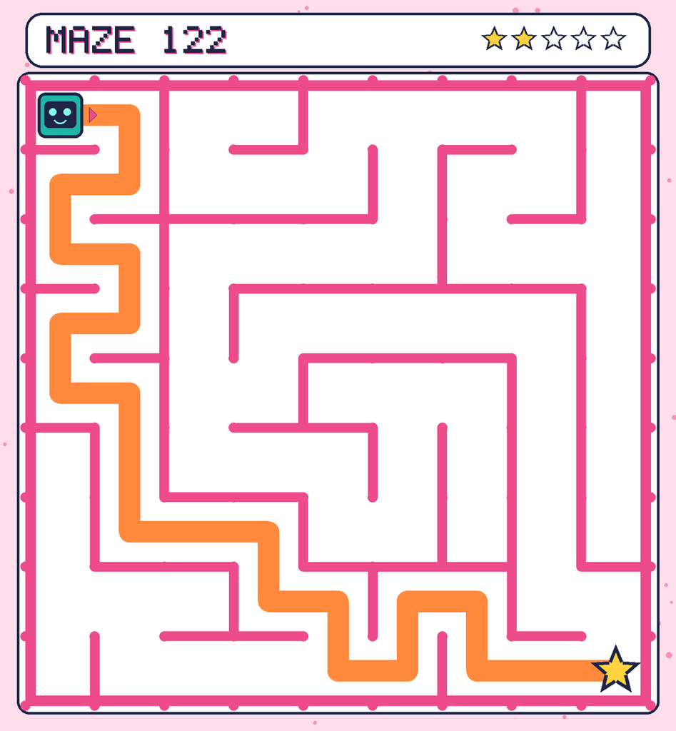 The solved maze 122 with the route drawn as an orange line.