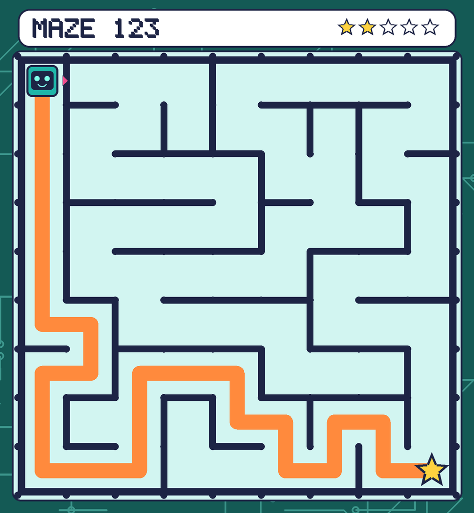 The solved maze 123 with the route drawn as an orange line.