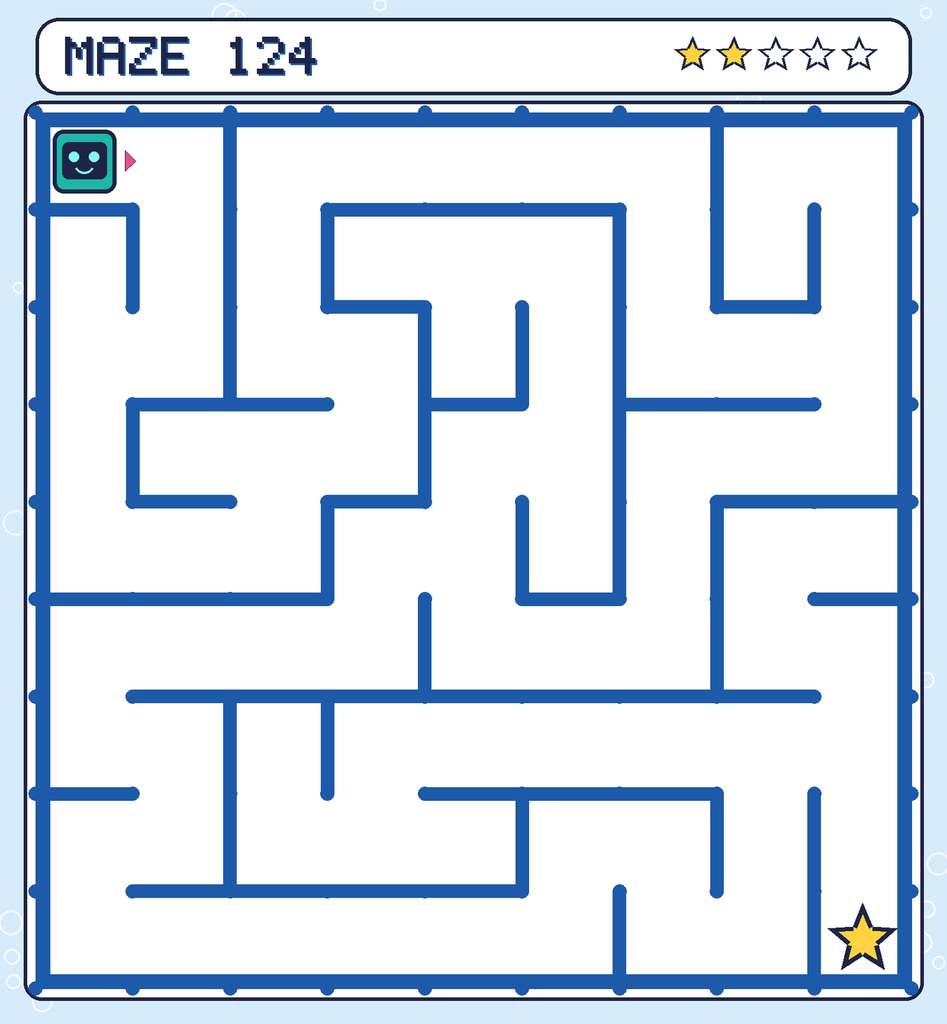 Maze 124. Beep starts in the top-left corner. The gold star is in the bottom-right corner.