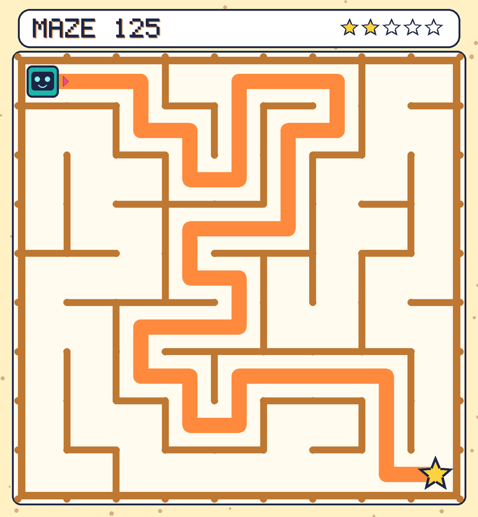 The solved maze 125 with the route drawn as an orange line.