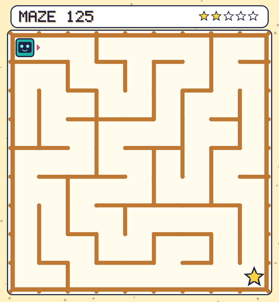 Maze 125. Beep starts in the top-left corner. The gold star is in the bottom-right corner.