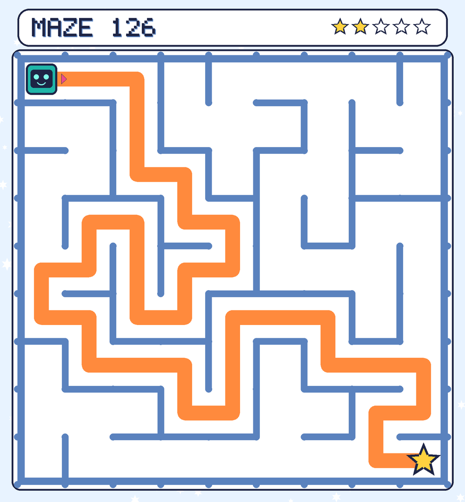 The solved maze 126 with the route drawn as an orange line.