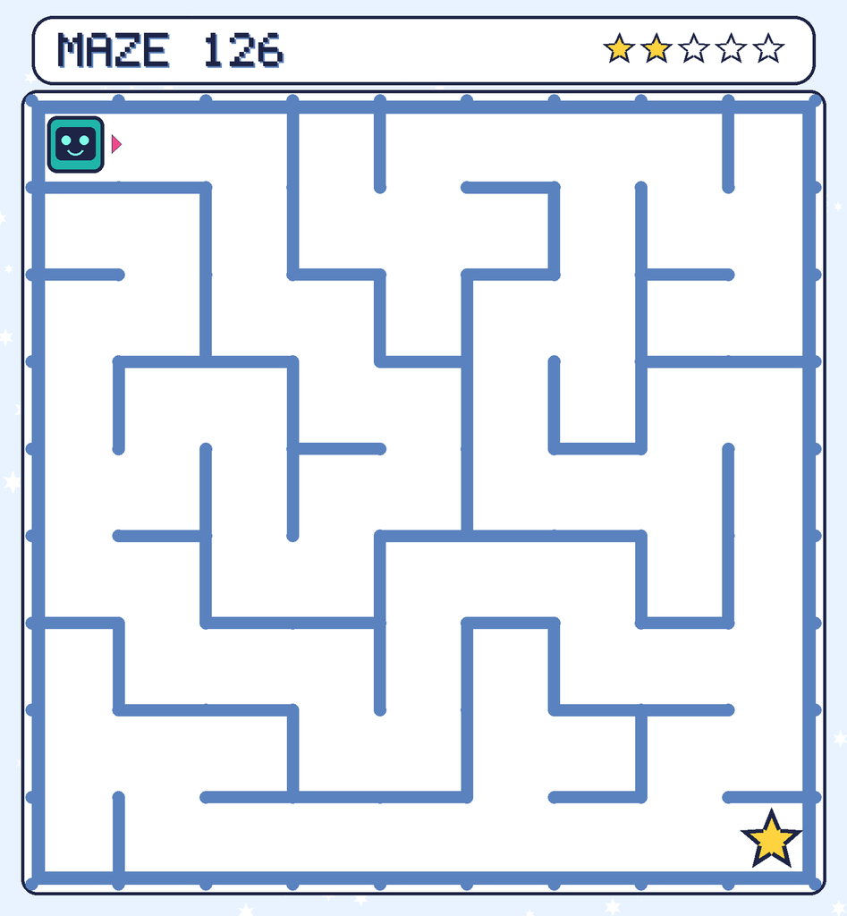 Maze 126. Beep starts in the top-left corner. The gold star is in the bottom-right corner.