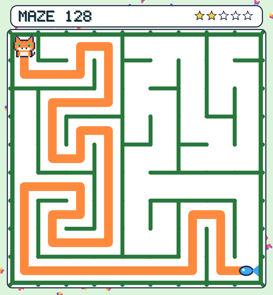The solved maze 128 with the route drawn as an orange line.