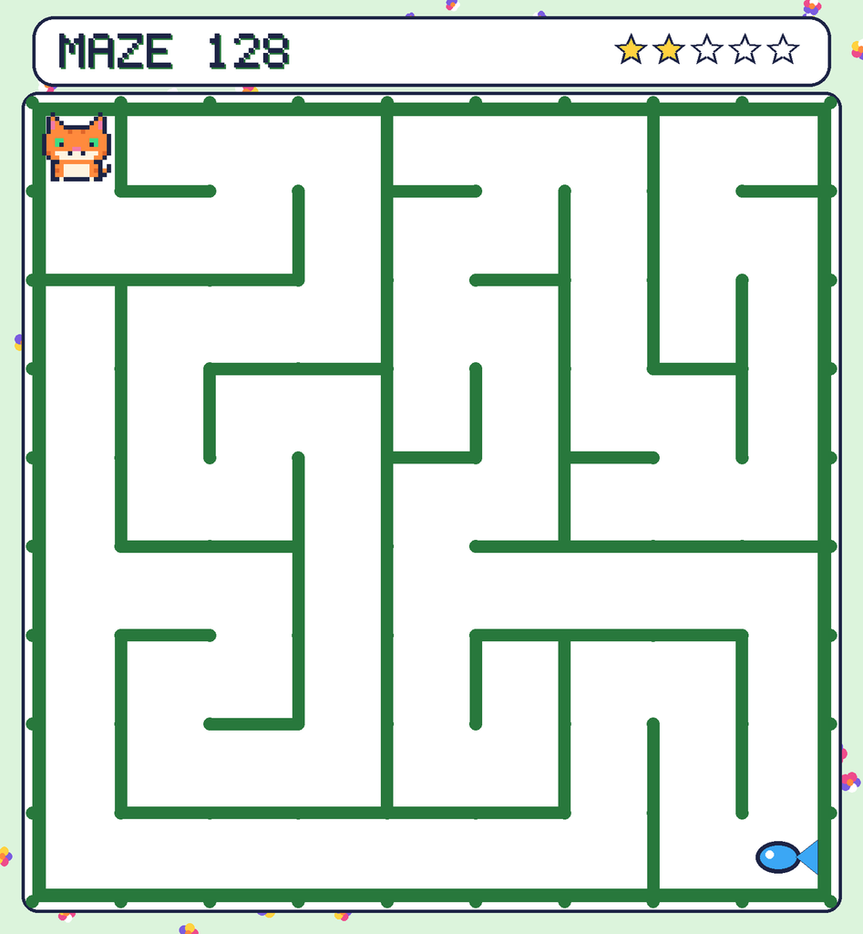 Maze 128. Pixel starts in the top-left corner. The fish is in the bottom-right corner.