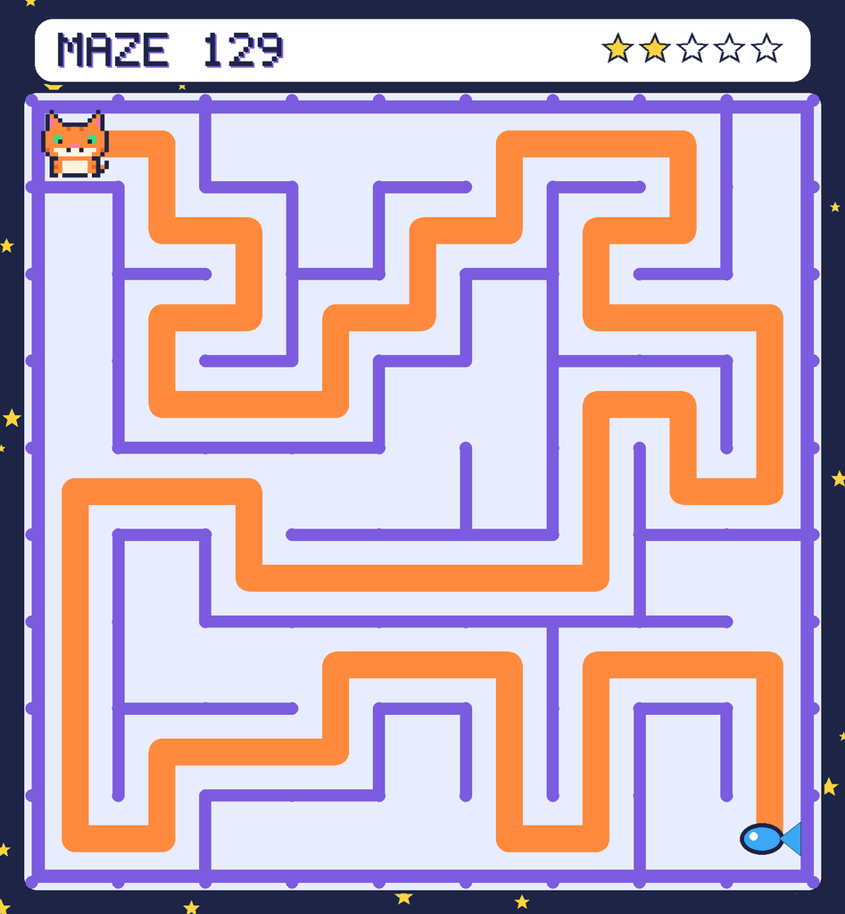 The solved maze 129 with the route drawn as an orange line.
