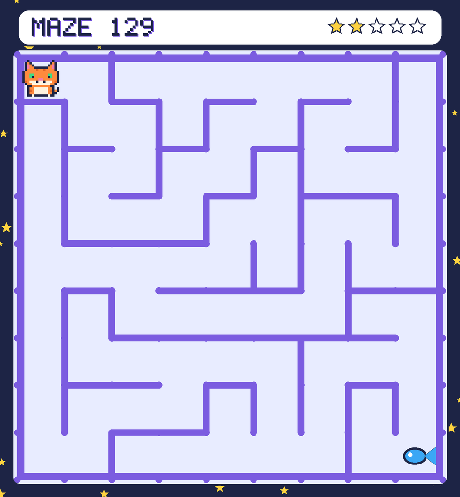Maze 129. Pixel starts in the top-left corner. The fish is in the bottom-right corner.
