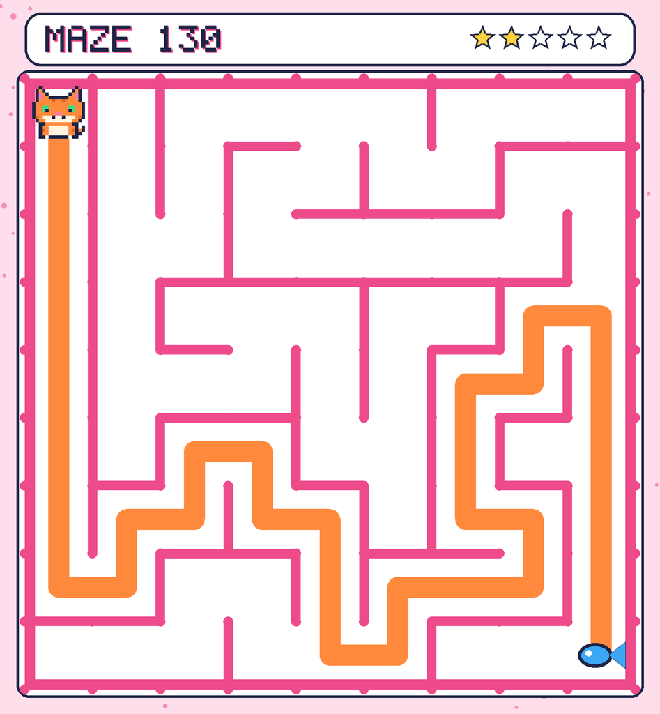 The solved maze 130 with the route drawn as an orange line.