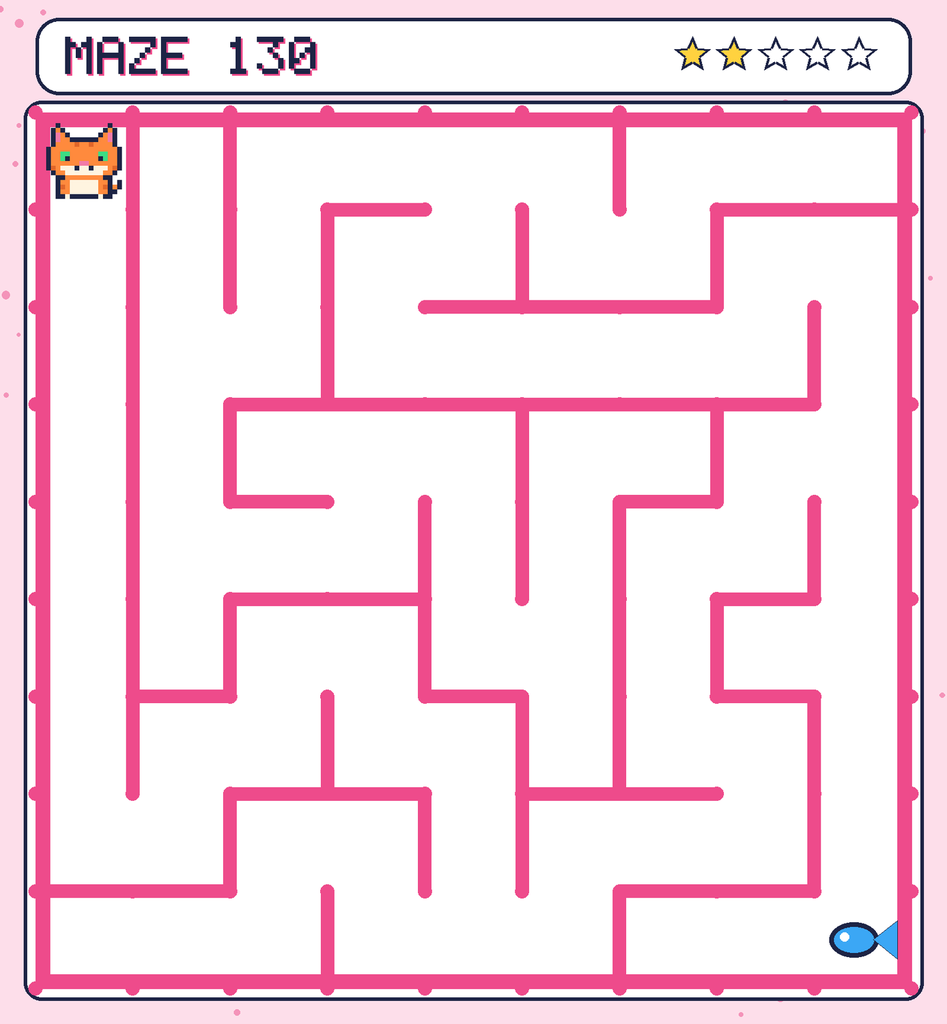 Maze 130. Pixel starts in the top-left corner. The fish is in the bottom-right corner.