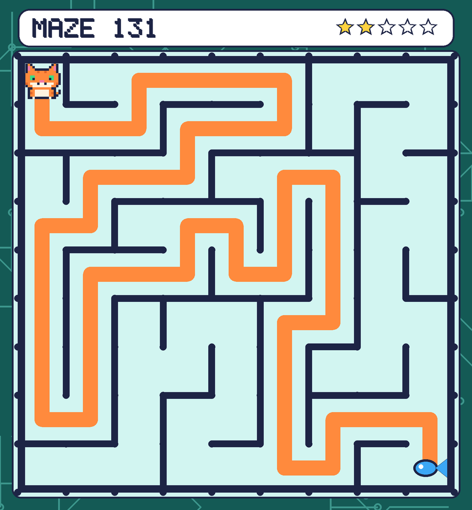 The solved maze 131 with the route drawn as an orange line.