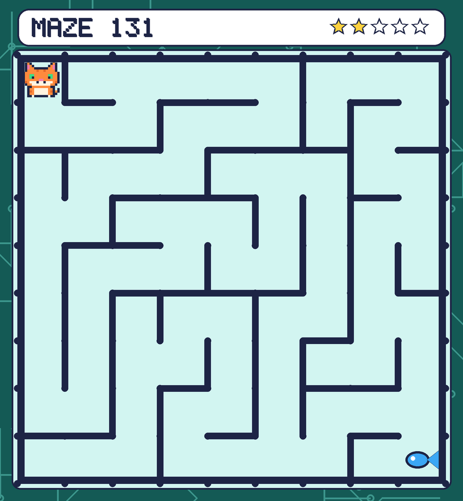 Maze 131. Pixel starts in the top-left corner. The fish is in the bottom-right corner.