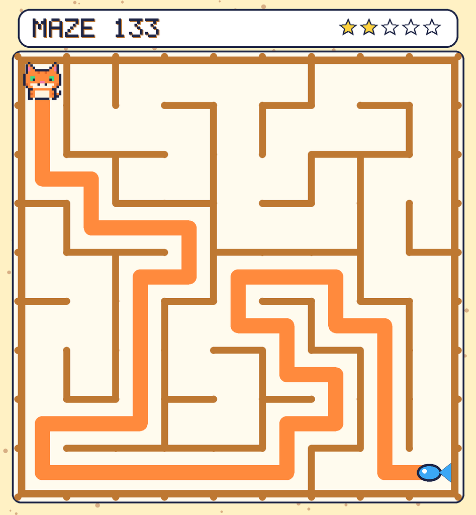 The solved maze 133 with the route drawn as an orange line.