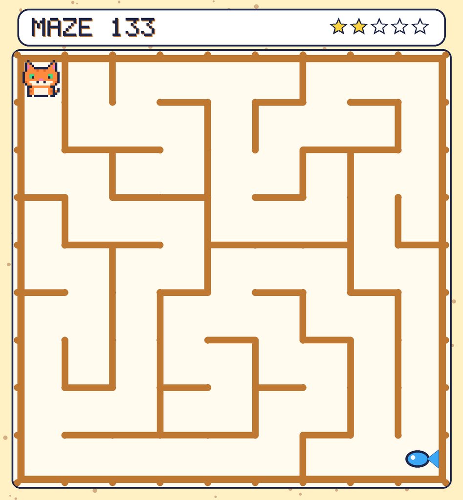 Maze 133. Pixel starts in the top-left corner. The fish is in the bottom-right corner.