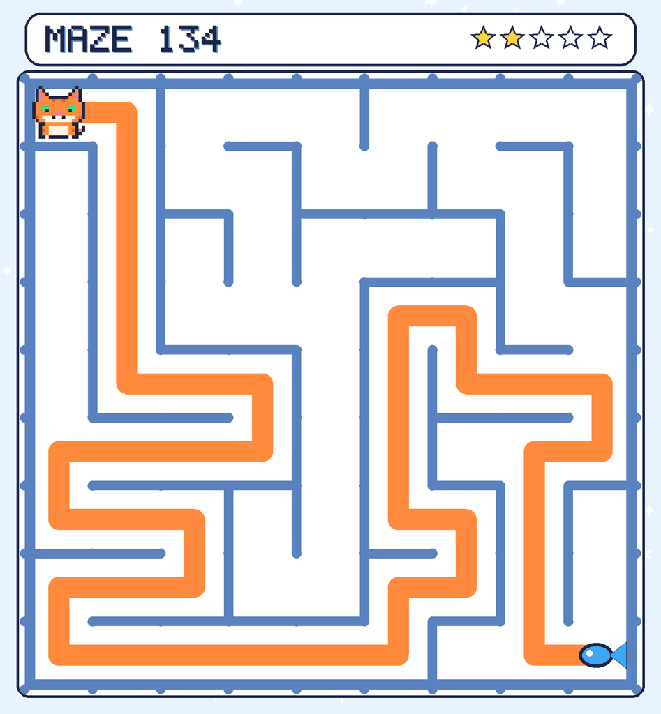 The solved maze 134 with the route drawn as an orange line.