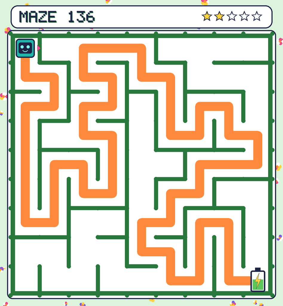 The solved maze 136 with the route drawn as an orange line.