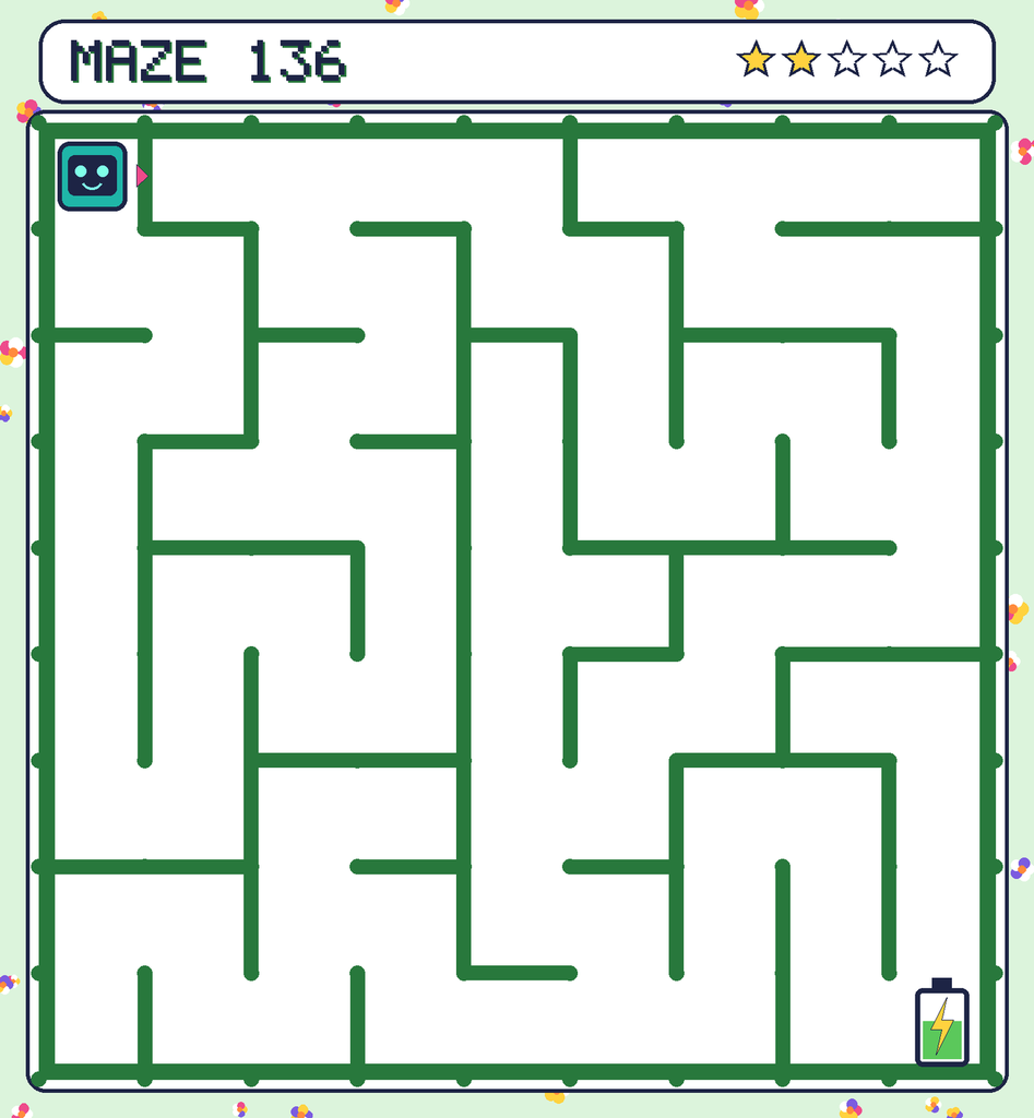 Maze 136. Beep starts in the top-left corner. The battery is in the bottom-right corner.