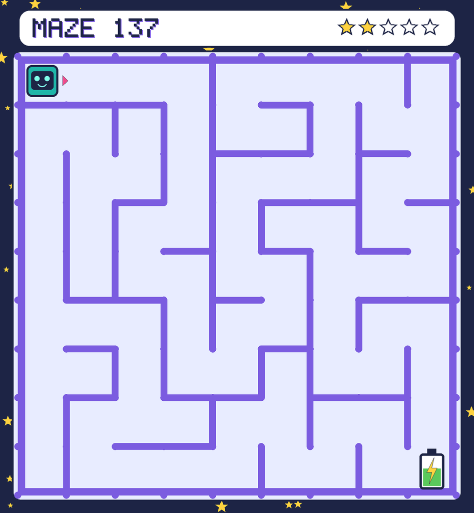 Maze 137. Beep starts in the top-left corner. The battery is in the bottom-right corner.
